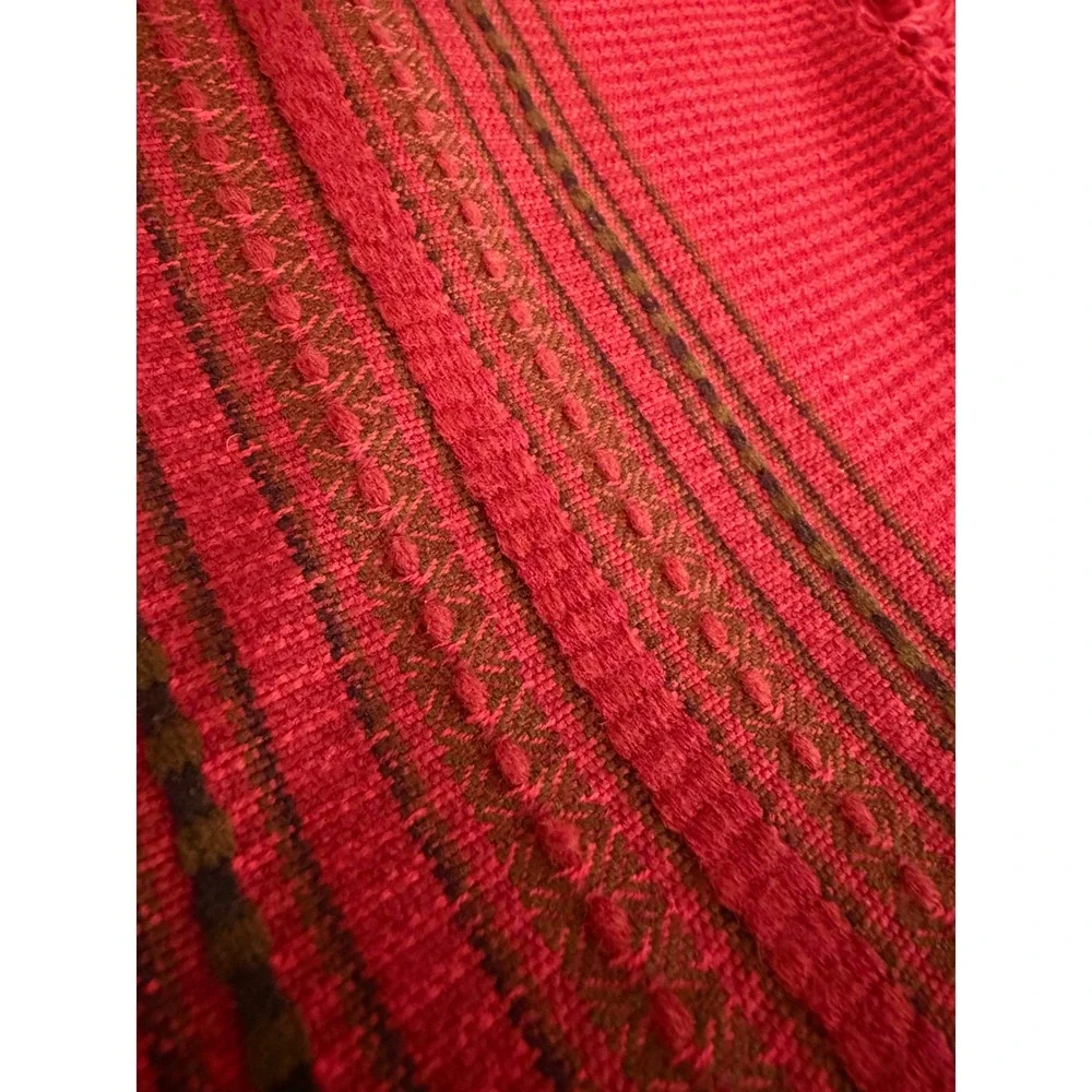 Vibrant Red Striped‎ Woven Scarf Fringe Accent